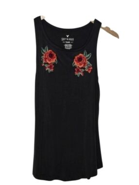 American Eagle Outfitters Embroidered Rose Black Tank Top